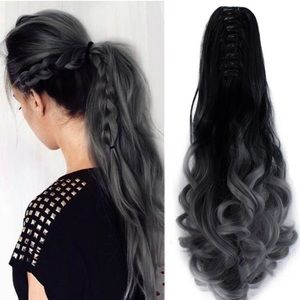 20" Hair Extensions Curly Ombre Hairpiece Black to Dark Grey • Claw clip hair